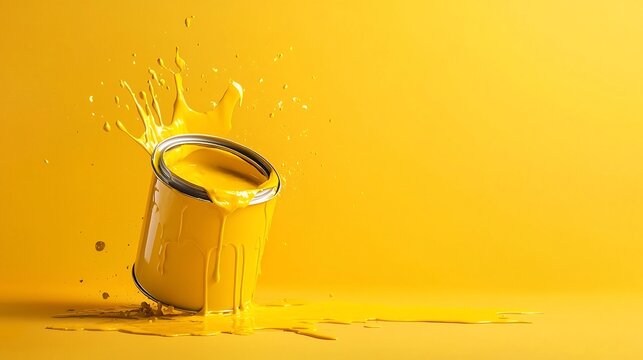 Vibrant open paint can with dripping yellow liquid paint spilling over the side creative supplies for painting design and craft projects