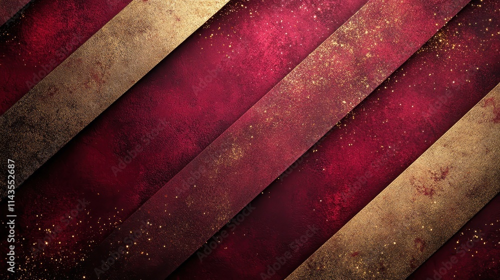 Poster burgundy background with diagonal golden lines, sparkling particles, and deep red texture, giving a 