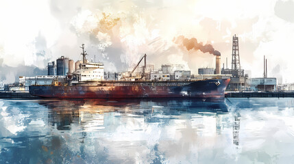 A watercolor-style depiction of a busy industrial harbor with a large ship docked in the foreground. the ship and the buildings are reflected in the water. Harbor. Illustration