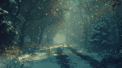Empty snowy path in a dense forest, gentle snowflakes falling, enhancing the quiet and calm mood