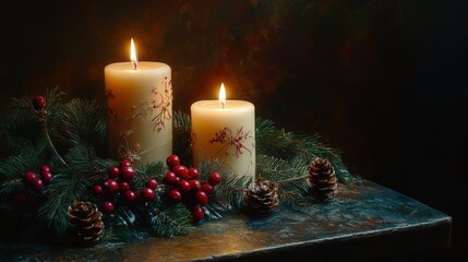 Festive table setting with candles and Christmas decorations against a dark backdrop.