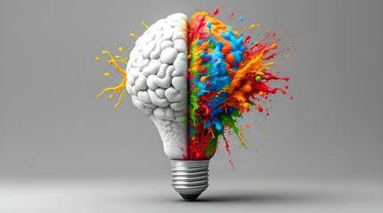 Creative Brain Explosion: A 3D Render of a Light Bulb Shaped Like a Brain with Vibrant Color Splashes Representing Ideas and Innovation
