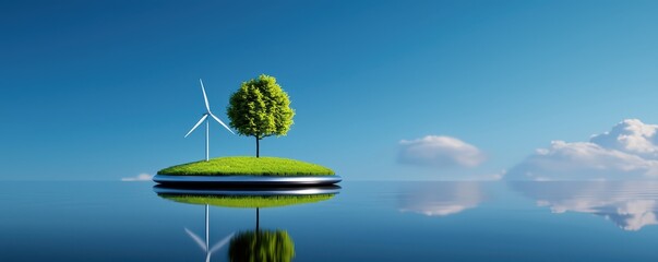 A serene landscape featuring a wind turbine and a tree on a small island reflecting in water.
