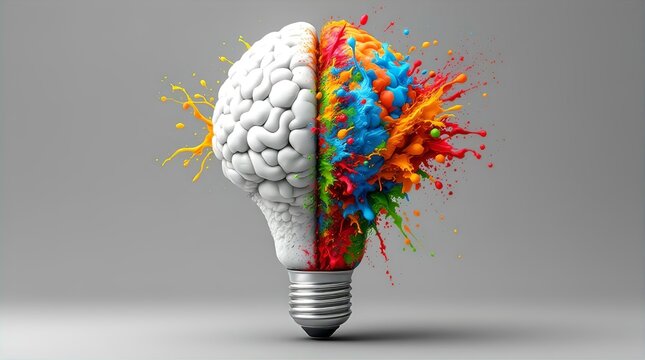 Creative Brain Explosion: A 3D Render of a Light Bulb Shaped Like a Brain with Vibrant Color Splashes Representing Ideas and Innovation