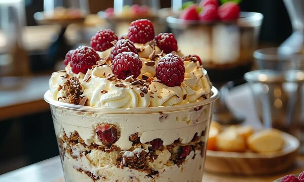 A delicious layered dessert featuring raspberries and cream.