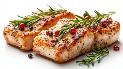 Freshly-cut chicken breast steaks, a poultry dish, isolated on white.