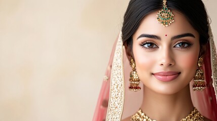 A portrait of a woman wearing traditional Indian attire, featuring intricate jewelry and a delicate veil, showcasing elegance and cultural beauty.
