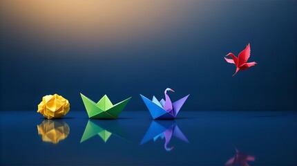 Origami Journey: A Metaphorical Representation of Progress, Innovation, and Transformation, Featuring a Crumpled Paper Ball, Paper Boats, a Swan, and a Bird in Flight