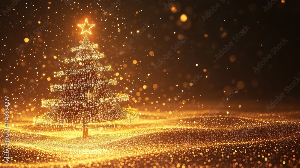 Aufkleber christmas tree design in binary code style for it professionals on golden background .banner, space 