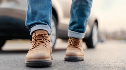 A close-up of a person wearing tan boots, stepping onto the asphalt, with a blurred car in the background.