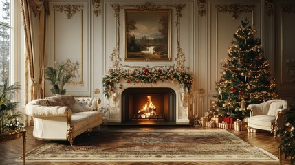 Elegant royal room with fire place. luxury soft sofa near chrismas tree. classic room decorated for new year
