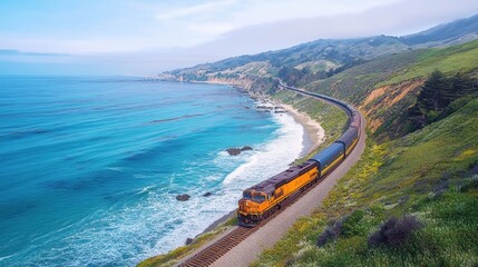 Coast daylight train running along pacific coast highway in california