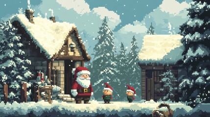 Naklejka premium Pixel Art Scene with Santa Claus and Gnomes
