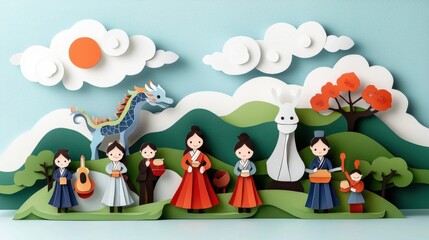 Fototapeta premium Vibrant paper cut figures of fairy tale characters like princess knight and forest creatures displayed in a charming whimsical rural landscape with mountains clouds and trees This colorful