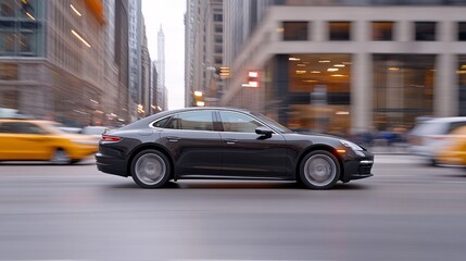 A sleek black car speeds through a bustling city street, surrounded by tall buildings and yellow taxis, capturing the essence of urban life.