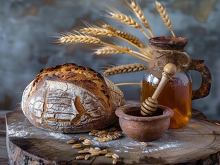 Rustic sourdough bread, honey, wheat, and grains on wooden surface.