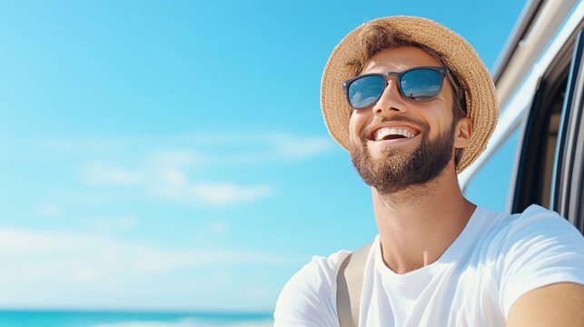 A smiling man with a beard, wearing sunglasses and a hat, enjoys a sunny day by the beach from a car window, exuding joy and relaxation.