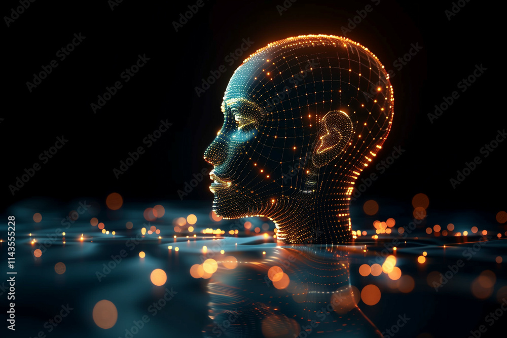 Canvas Prints this image features an artistic representation of a digital human profile with glowing orange and bl