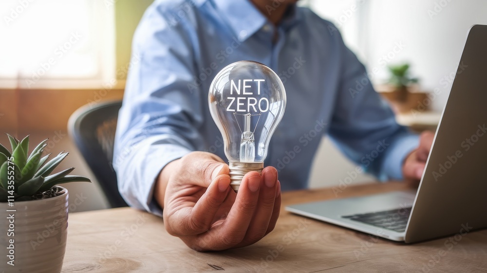 Poster a person holds a lightbulb with net zero written on it