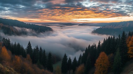 Obraz premium Autumn Sunrise Over Misty Mountain Valley. AI Generated