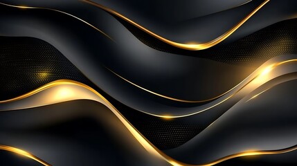 Flowing black curves gleam golden light digital abstract art. AI Generated