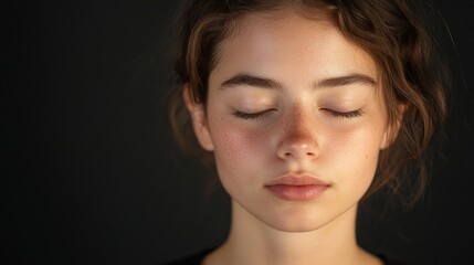 Fototapeta premium Portrait of a Young Woman in Casual Attire with Eyes Closed Against a Black Background