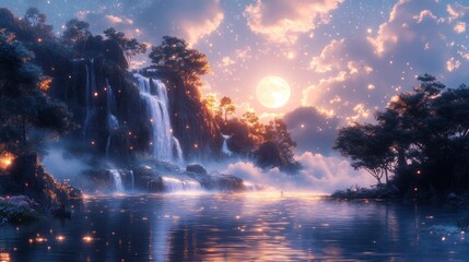 Obraz premium Enchanted waterfall, moonlit lake, glowing lights.