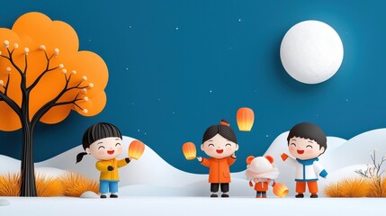 Naklejka premium Happy family with children playing and enjoying the winter season walking through a snowy landscape with glowing lanterns under a bright moon Cozy and festive outdoor adventure scene