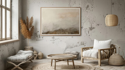 Frame mockup in a living room with wood decor, earthy tones, perfect for organic or nature-inspired art