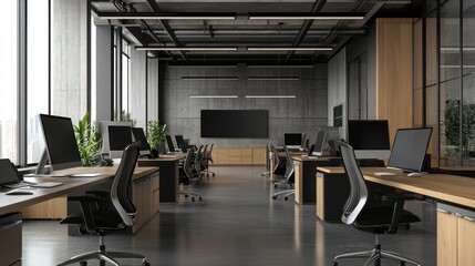 Modern Industrial Office Space Design: Sleek Desks, Open Layout, and City Views