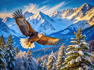 Obraz premium Colorado Bald Eagle Flight, Rocky Mountains Winter Landscape Photography