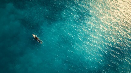 Obraz premium Solitary Boat on Turquoise Ocean Waters: Aerial View. AI Generated
