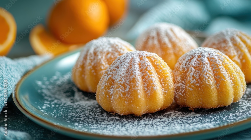 Poster tangerine madeleine cookies with a powdered sugar dusting, on a soft blue background with a hint of 