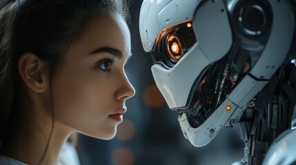 Fototapeta premium side view of woman looking at humanoid robot