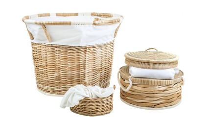 Obraz premium The Appealing Laundry Basket with Clean Clothes on White Background: A Symbol of Housework and Cleaning Chores Done Well.