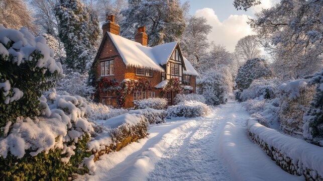 Christmas country house cottage in the English countryside style in winter season, festive holidays decoration and snow
