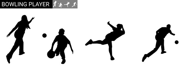 silhouette of children playing bowling. hobby, sport. vector illustration.