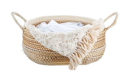 Obraz premium The Appealing Laundry Basket with Clean Clothes on White Background: A Symbol of Housework and Cleaning Chores Done Well.