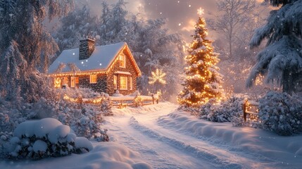 Christmas cottage scene with snow cozy winter setting holiday decor serene landscape whimsical viewpoint festive vibes for seasonal joy