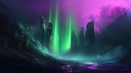 Alien Aurora Borealis Over Glowing Crystal Peaks - Sci-Fi Fantasy Landscape