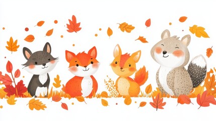 The playful autumn animal clipart provides a cheery and welcoming atmosphere surrounded by colorful falling leaves
