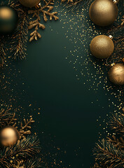 Elegant Dark Green Christmas Background with Golden Ornaments and Glitter