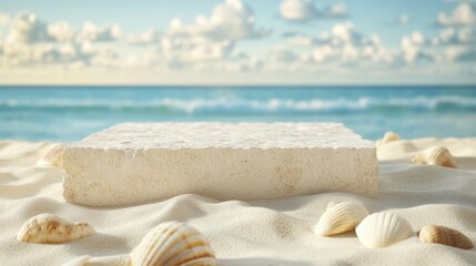 Obraz premium Seashell-Adorned Beach Podium Mockup - Summer Vacation Theme