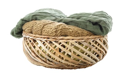 Obraz premium The Appealing Laundry Basket with Clean Clothes on White Background: A Symbol of Housework and Cleaning Chores Done Well.
