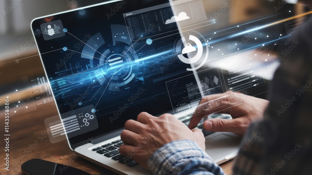 Poster person using laptop with digital data interface