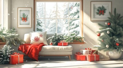 Obraz premium Cozy holiday setup, gifts under snowflakes, pine boughs, watercolor style