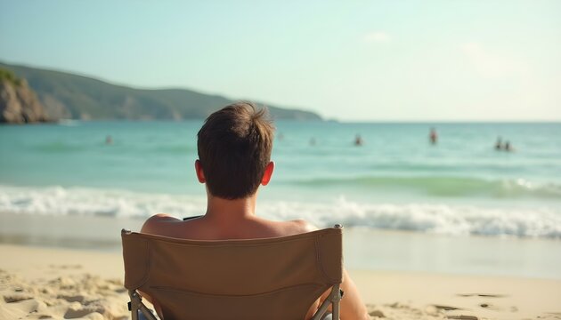 Persona de espaldas en silla plegable mirando la playa