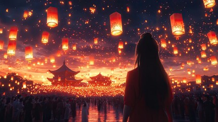 Woman gazing at numerous sky lanterns illuminating a large crowd at night.