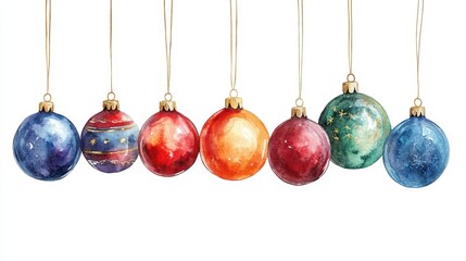 Watercolor Isolated Colorful Christmas Ornaments Hanging