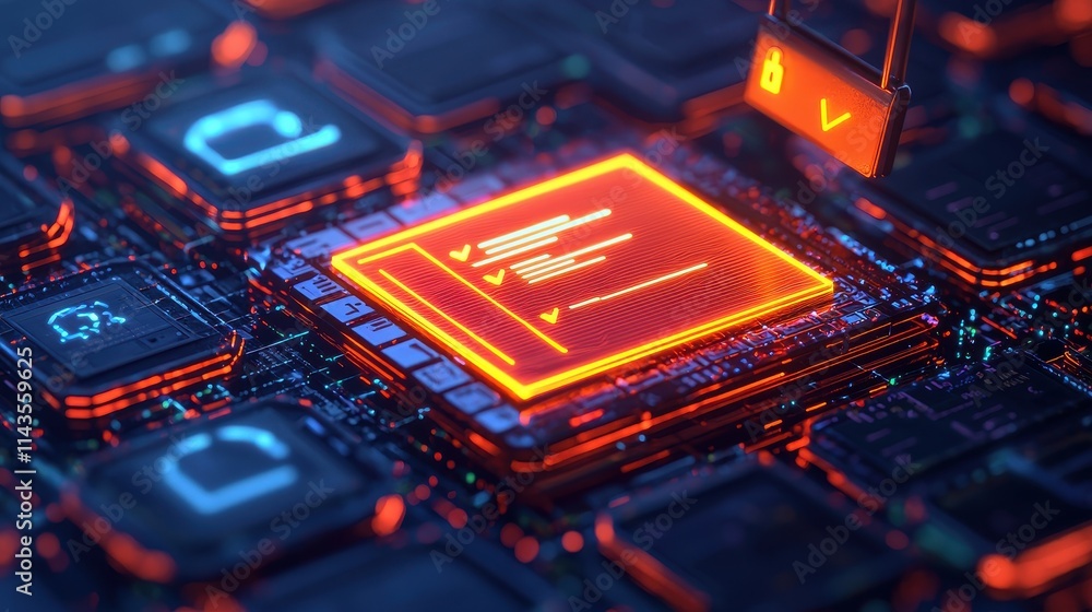 Poster neon circuit board with checkmarks and security symbols in focus
